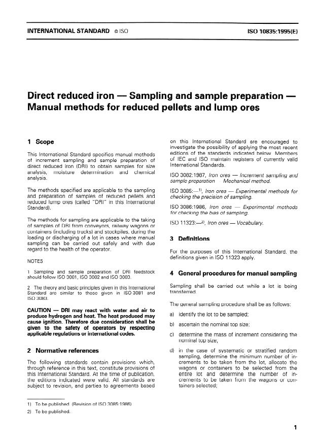 ISO 10835:1995 - Direct reduced iron -- Sampling and sample preparation -- Manual methods for reduced pellets and lump ores