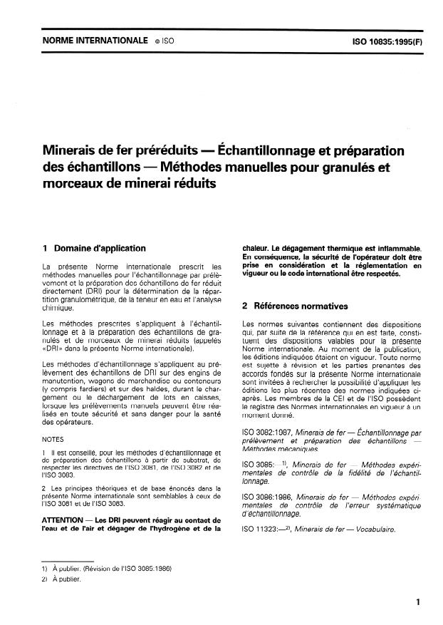 ISO 10835:1995 - Minerais de fer préréduits -- Échantillonnage et préparation des échantillons -- Méthodes manuelles pour granulés et morceaux de minerai réduits