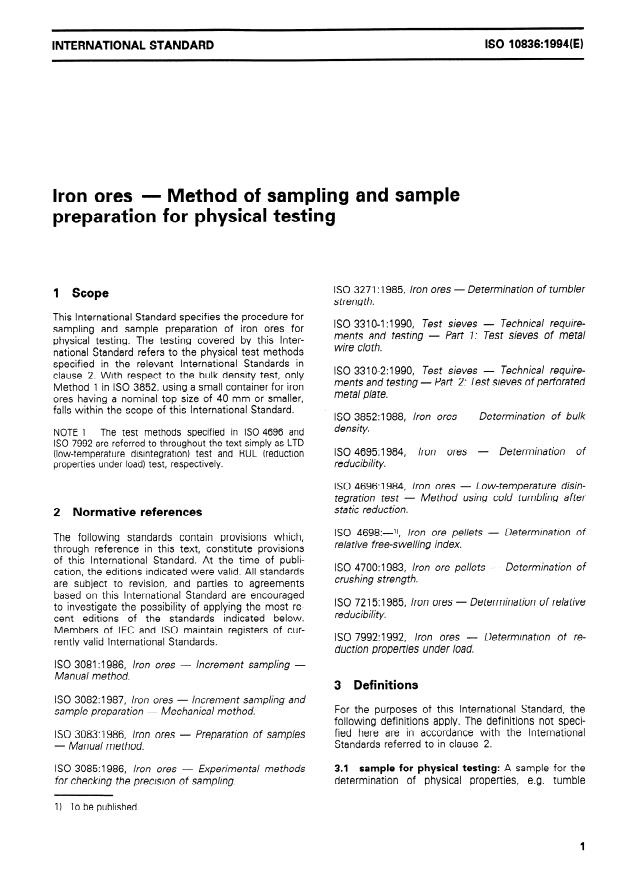 ISO 10836:1994 - Iron ores -- Method of sampling and sample preparation for physical testing