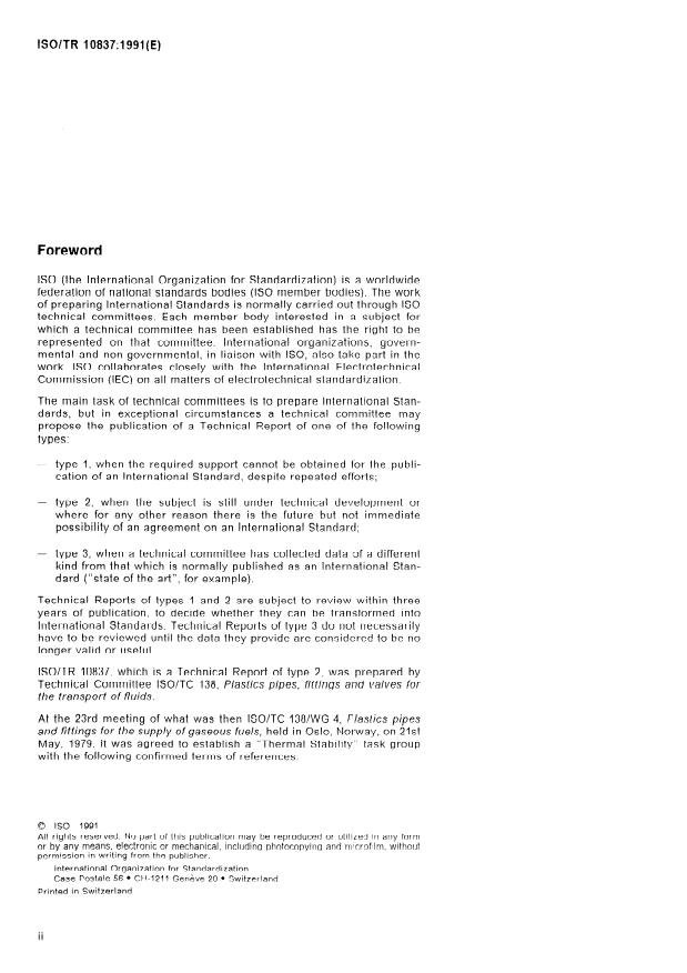 ISO/TR 10837:1991 ISO/TR 10837:1991 - Determination of the thermal stability of polyethylene (PE) for use in gas pipes and fittings - Page 2 preview