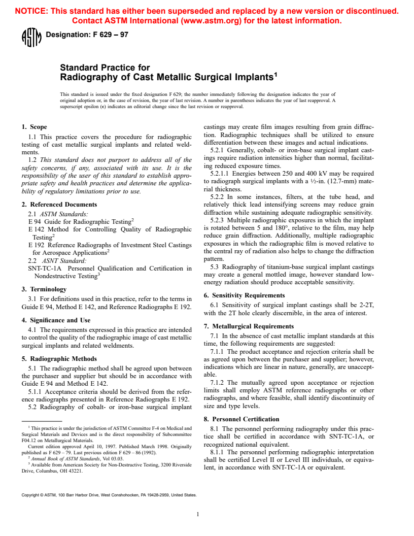 ASTM F629-97 - Standard Practice for Radiography of Cast Metallic Surgical Implants