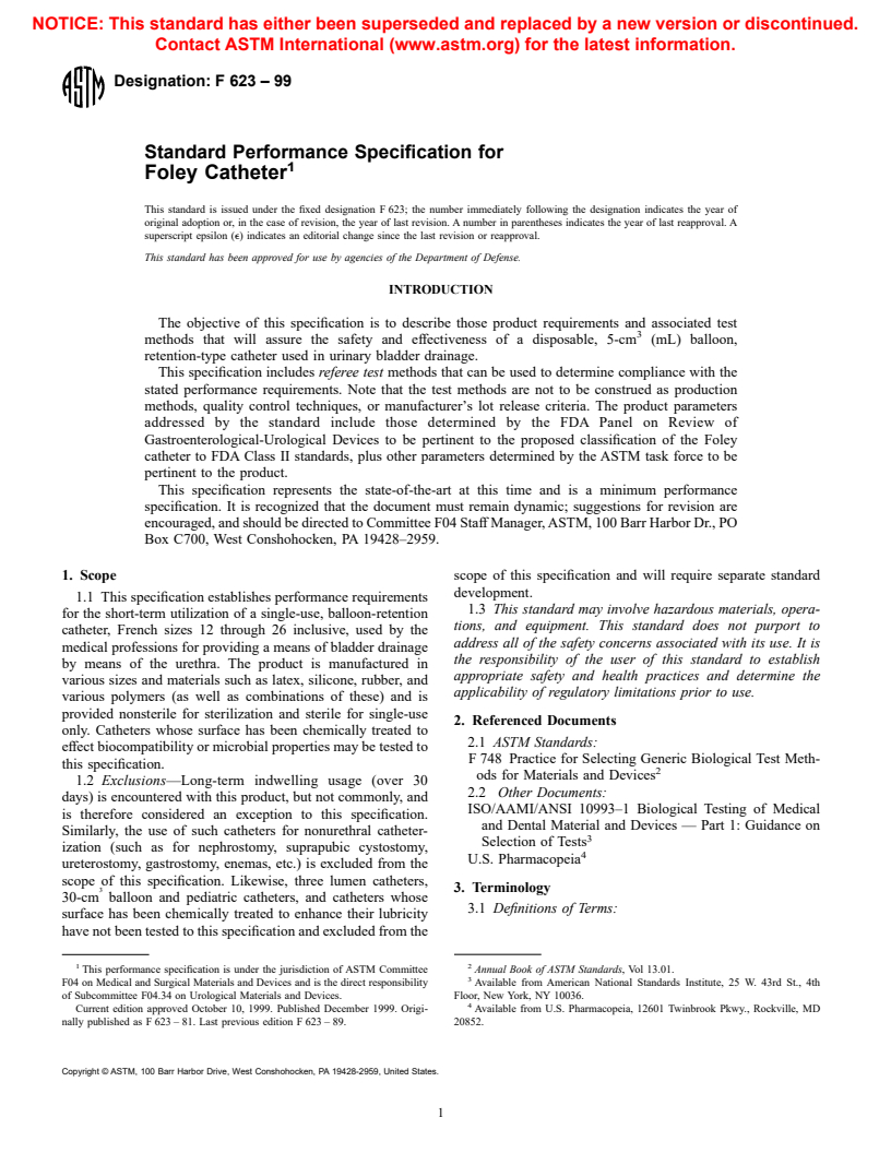 ASTM F623-99 - Standard Performance Specification for Foley Catheter