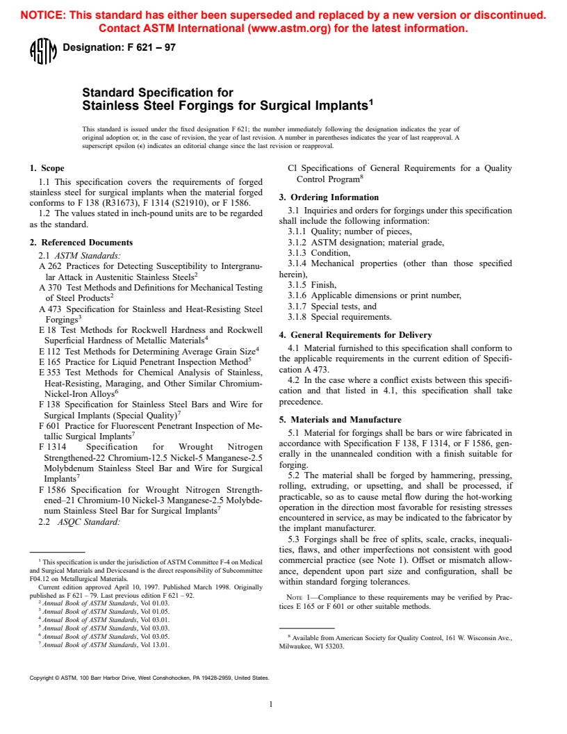 ASTM F621-97 - Standard Specification for Stainless Steel Forgings for Surgical Implants