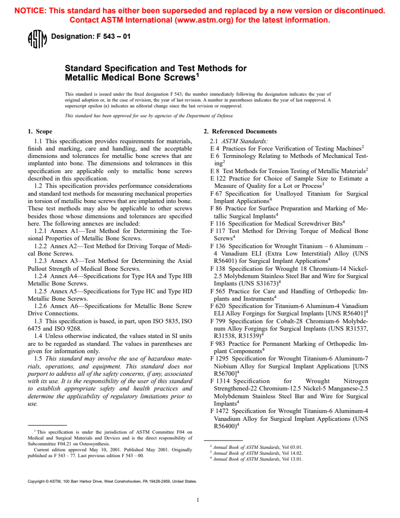 ASTM F543-01 - Standard Specification and Test Methods for Metallic Medical Bone Screws