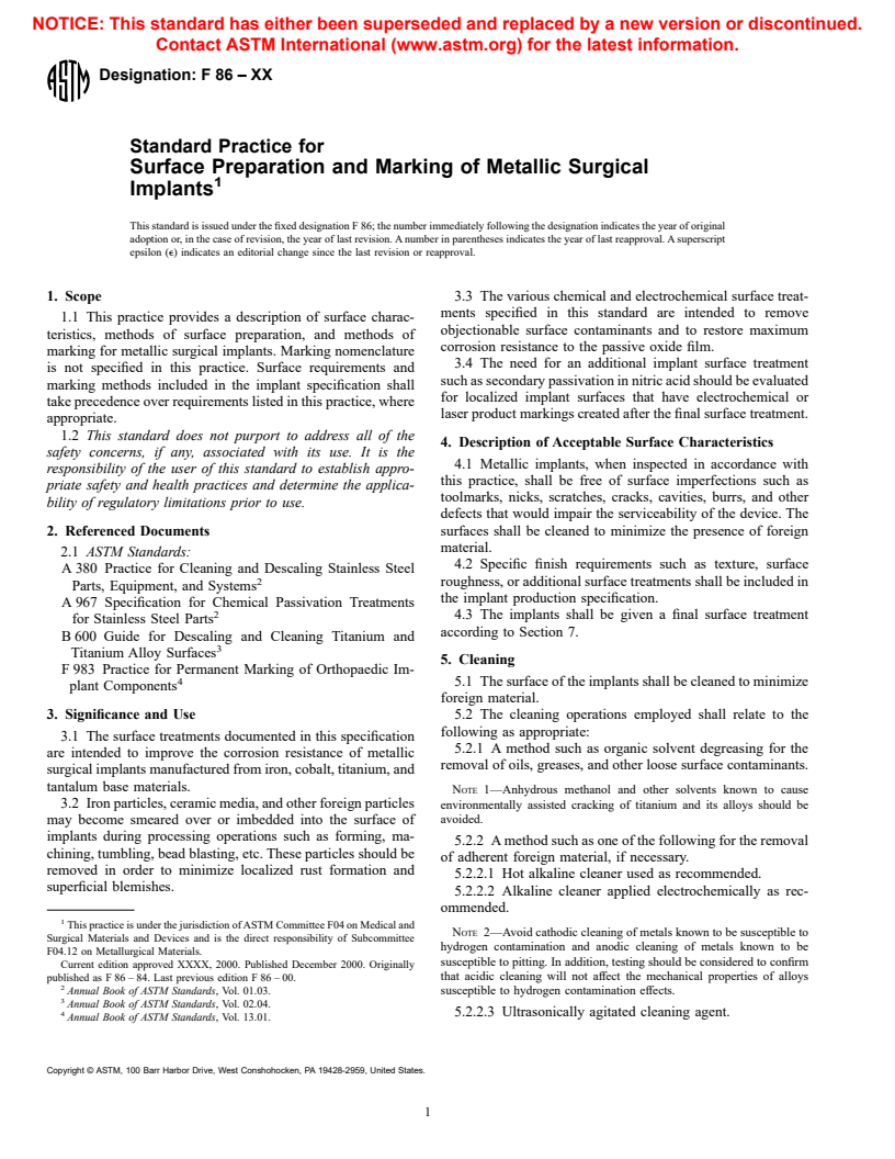 ASTM F86-00 - Standard Practice for Surface Preparation and Marking of Metallic Surgical Implants