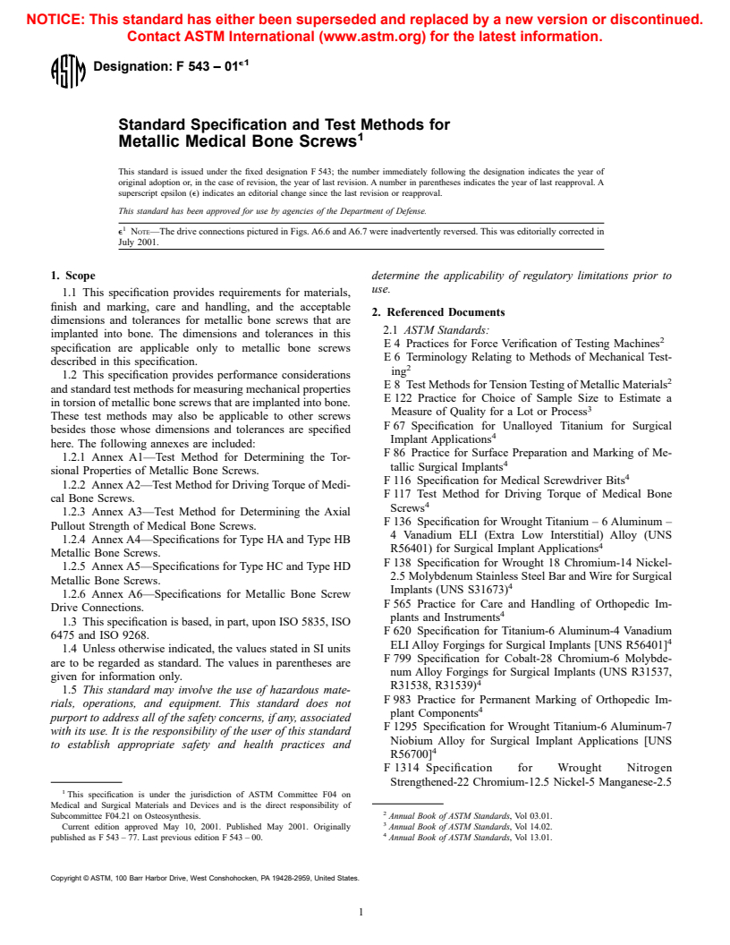 ASTM F543-01e1 - Standard Specification and Test Methods for Metallic Medical Bone Screws