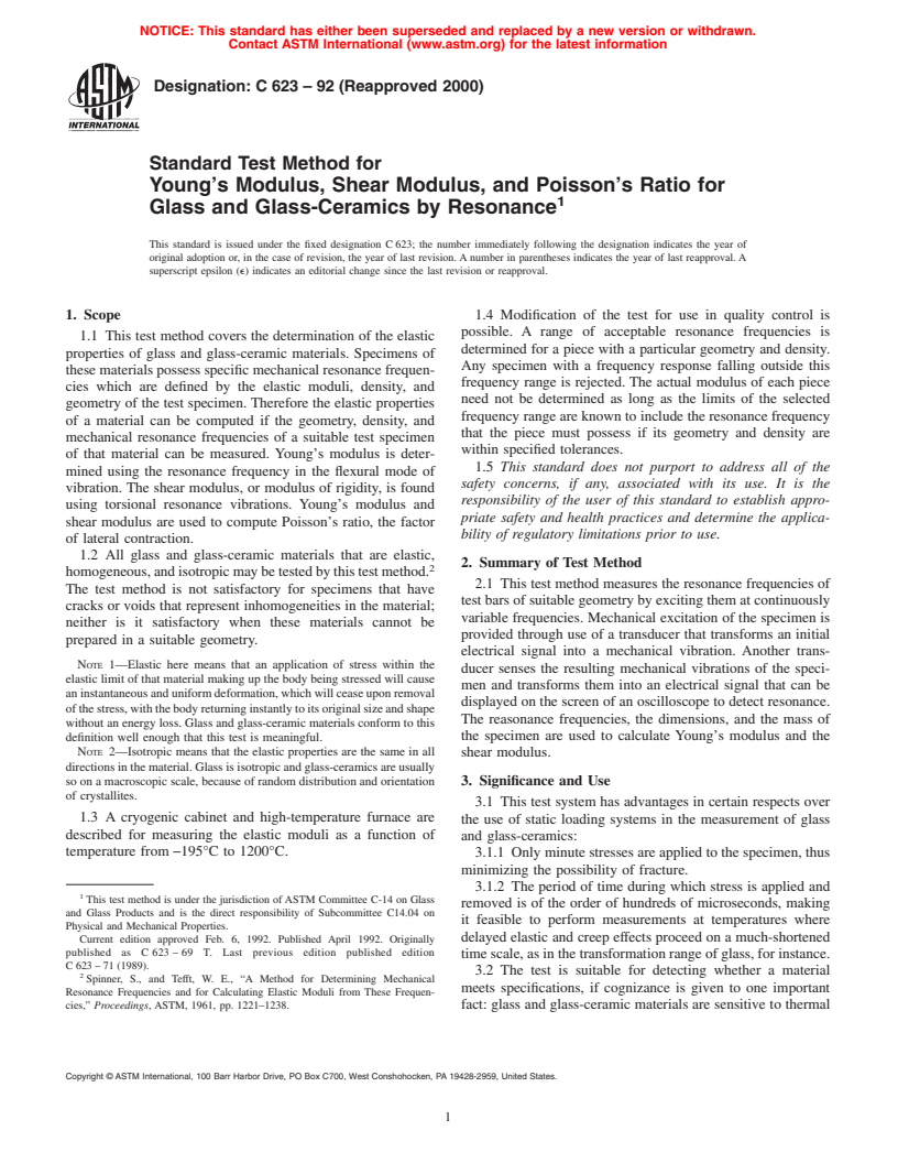 ASTM C623-92(2000) - Standard Test Method for Young's Modulus, Shear Modulus, and Poisson's Ratio for Glass and Glass-Ceramics by Resonance