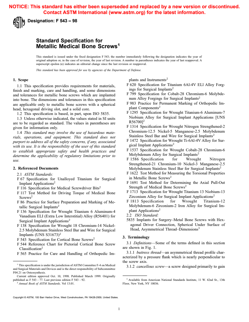 ASTM F543-98 - Standard Specification and Test Methods for Metallic Medical Bone Screws