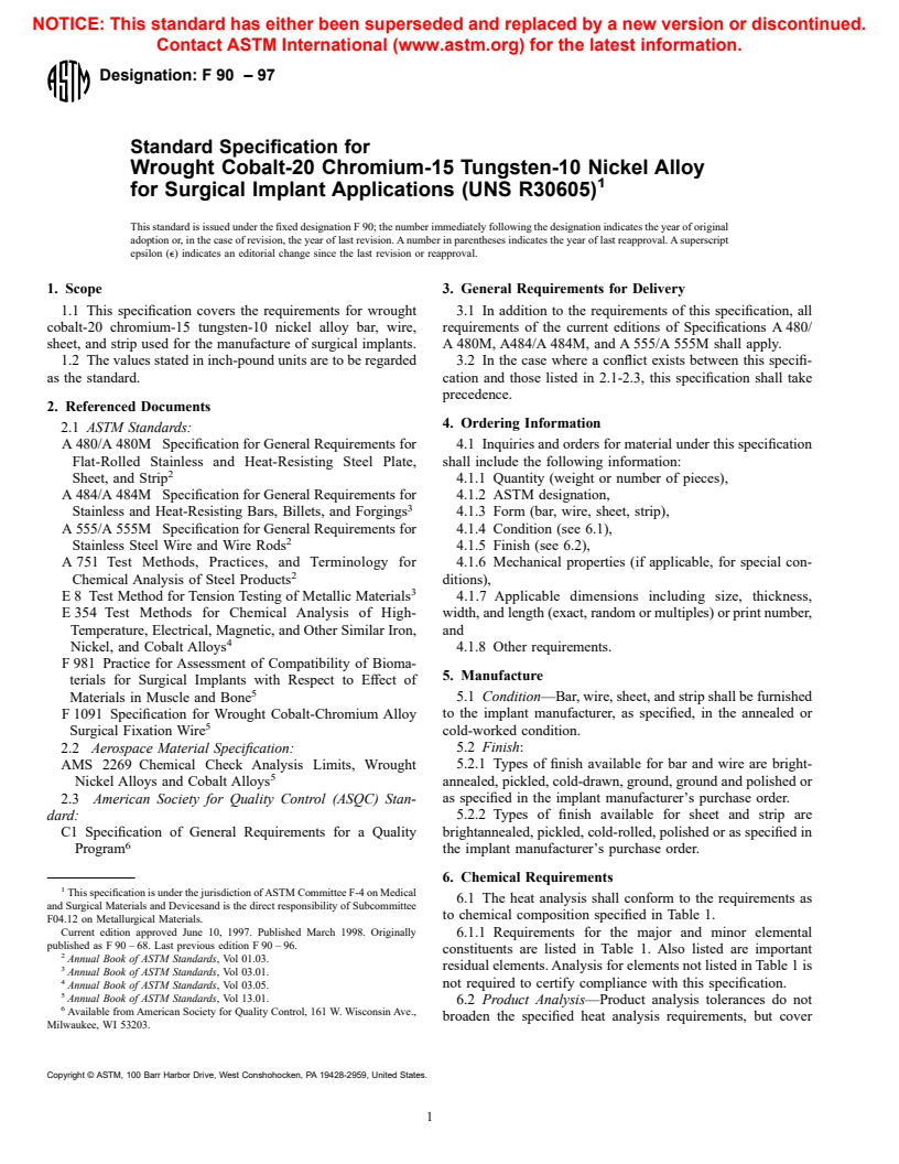 ASTM F90-97 - Standard Specification for Wrought Cobalt-20 Chromium-15 Tungsten-10 Nickel Alloy for Surgical Implant Applications (UNS R30605)