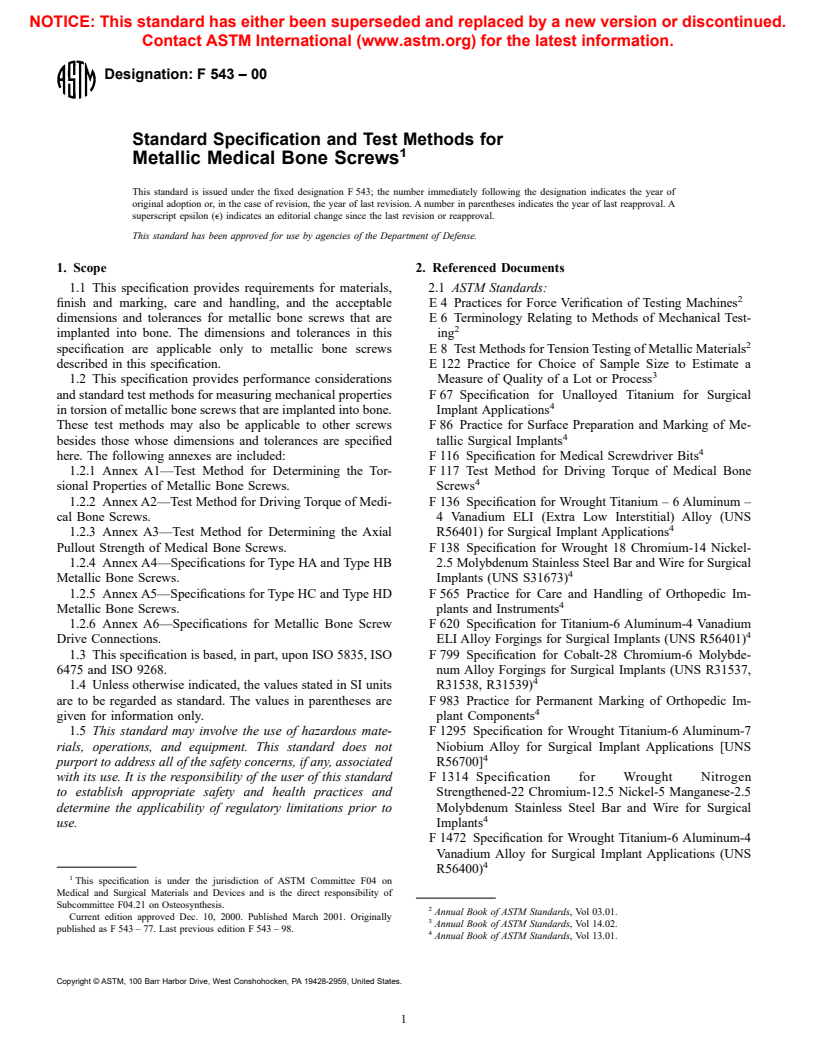 ASTM F543-00 - Standard Specification and Test Methods for Metallic Medical Bone Screws