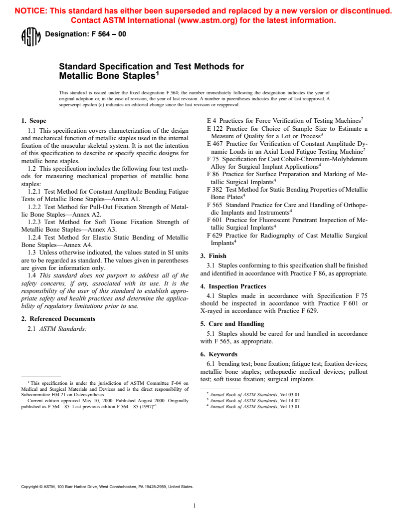 ASTM F564-00 - Standard Specification and Test Methods for Metallic Bone Staples