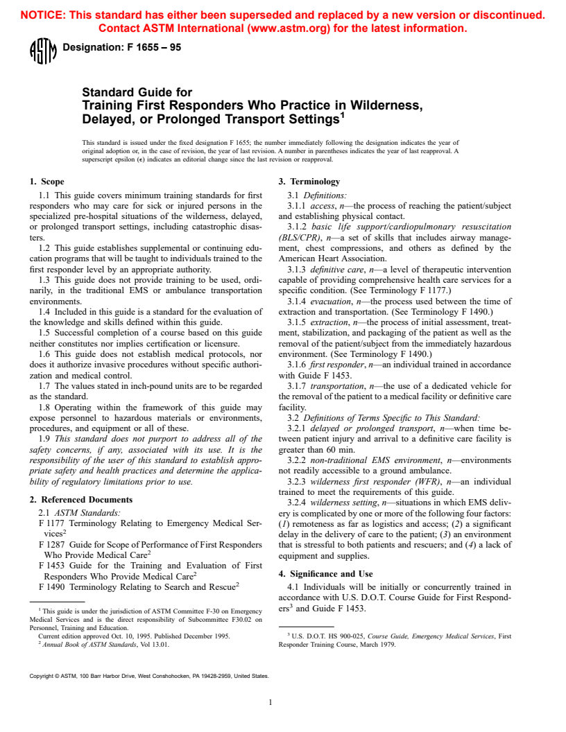 ASTM F1655-95 - Standard Guide for Training First Responders Who Practice in Wilderness, Delayed, or Prolonged Transport Settings