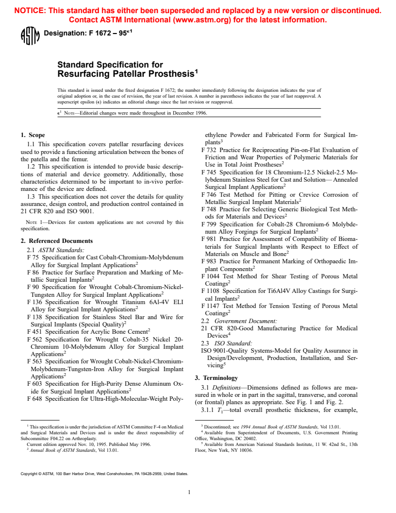 ASTM F1672-95e1 - Standard Specification for Resurfacing Patellar Prosthesis