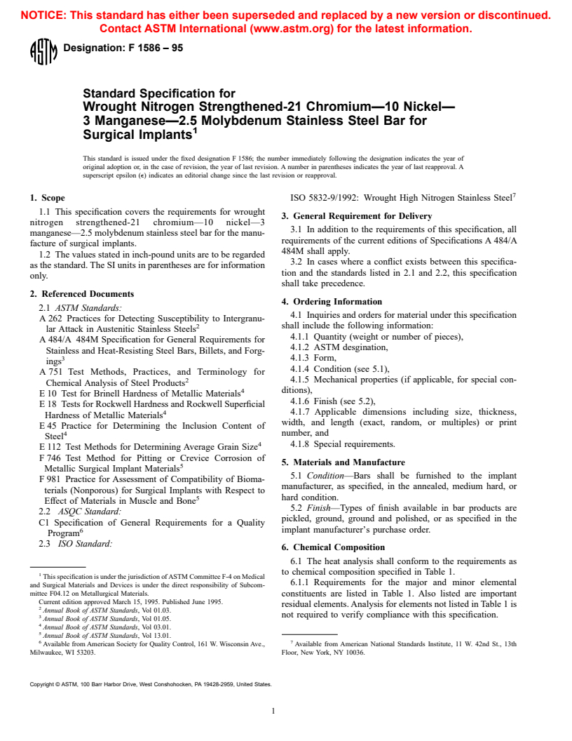 ASTM F1586-95 - Standard Specification for Wrought Nitrogen Strengthened 21 Chromium&#8212;10 Nickel&#8212;3 Manganese&#8212;2.5 Molybdenum Stainless Steel Bar for Surgical Implants (UNS S31675)