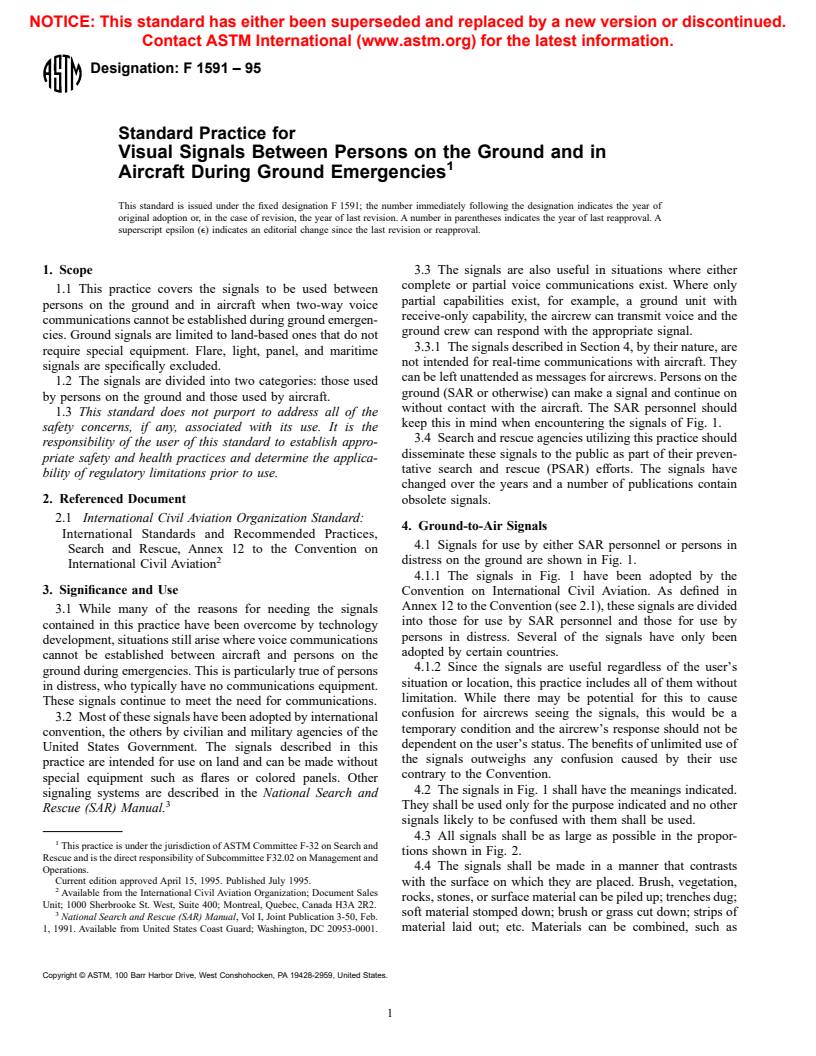 ASTM F1591-95 - Standard Practice for Visual Signals Between Persons on the Ground and in Aircraft During Ground Emergencies