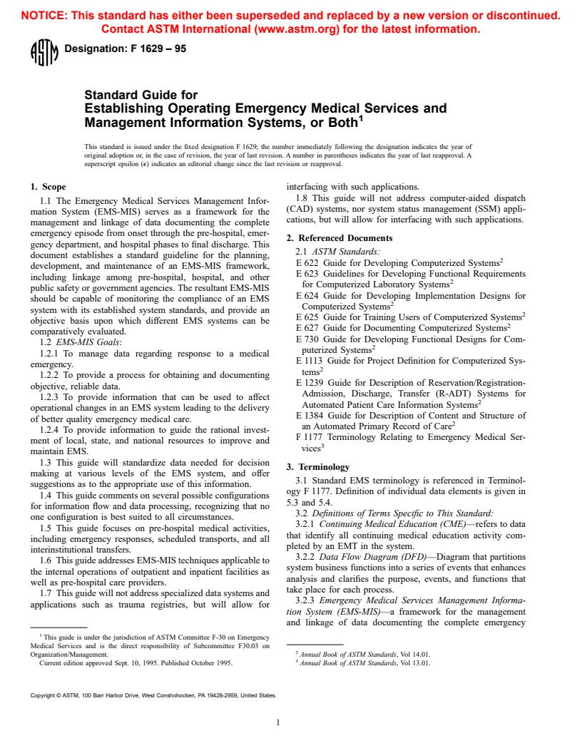 ASTM F1629-95 - Standard Guide for Establishing Operating Emergency Medical Services and Management Information Systems, or Both