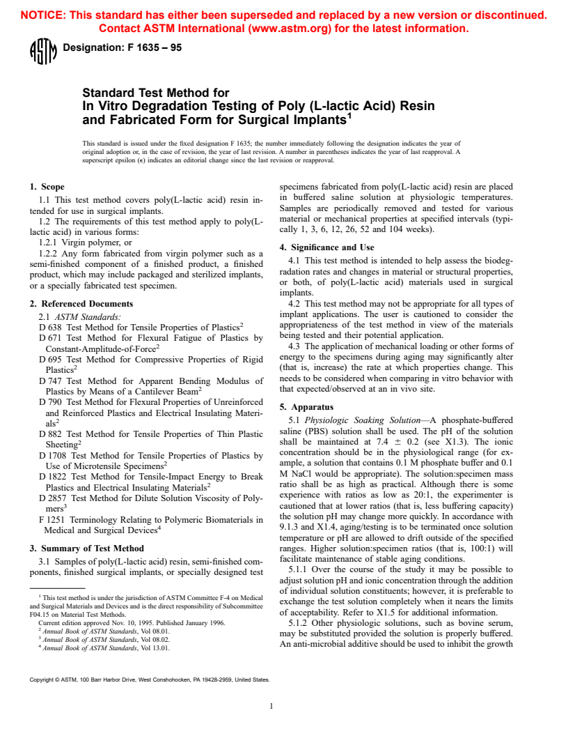 ASTM F1635-95 - Standard Test Method for In Vitro Degradation Testing of Poly (L-lactic Acid) Resin and Fabricated Form for Surgical Implants