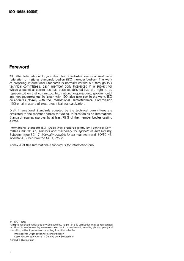 ISO 10884:1995 ISO 10884:1995 - Manually portable brush-cutters and grass-trimmers with internal combustion engine -- Determination of sound power levels -- Engineering method (Grade 2) - Page 2 preview
