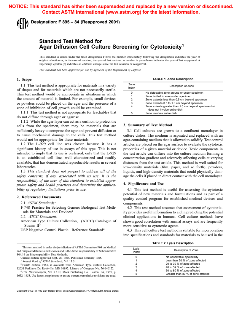 ASTM F895-84(2001) - Standard Test Method for Agar Diffusion Cell Culture Screening for Cytotoxicity