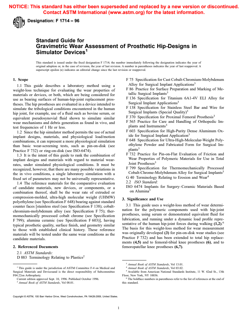 ASTM F1714-96 - Standard Guide for Gravimetric Wear Assessment of Prosthetic Hip-Designs in Simulator Devices