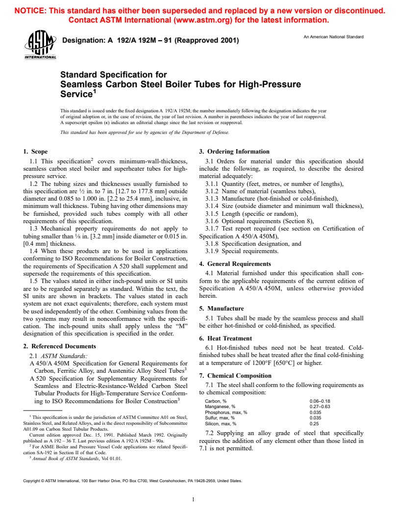 ASTM A192/A192M-91(2001) - Standard Specification for Seamless Carbon Steel Boiler Tubes for High-Pressure Service