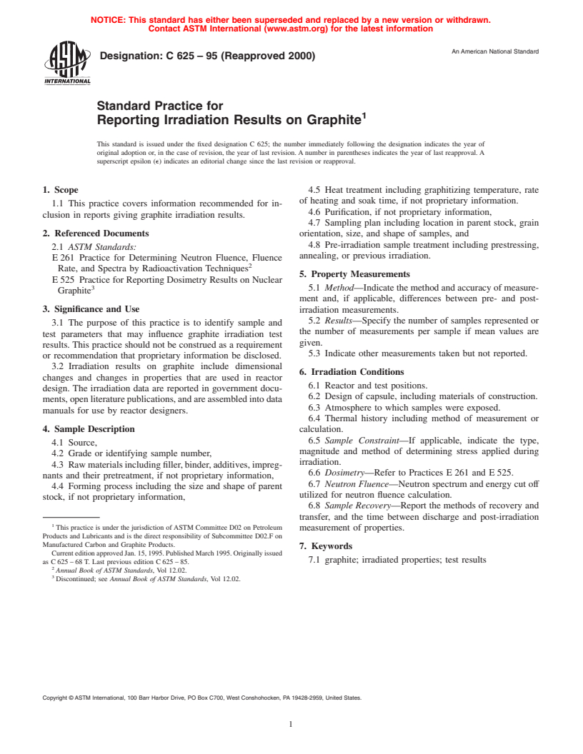 ASTM C625-95(2000) - Standard Practice for Reporting Irradiation Results on Graphite