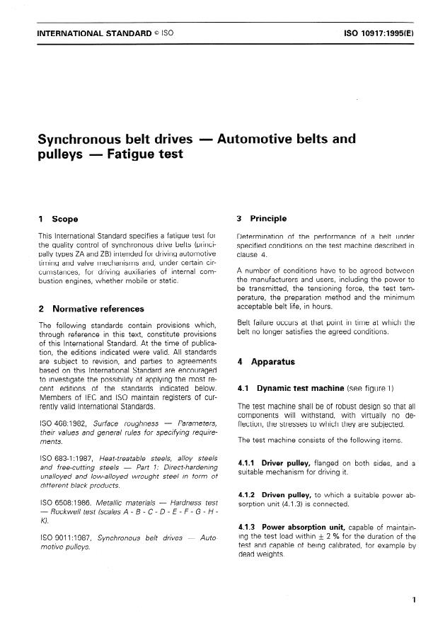 ISO 10917:1995 - Synchronous belt drives -- Automotive belts and pulleys -- Fatigue test