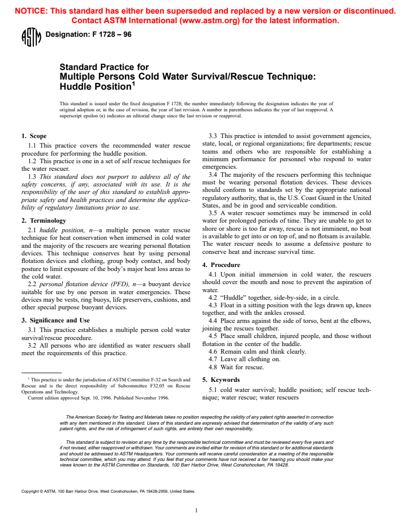 ASTM F1728-96 - Standard Practice for Multiple Persons Cold Water Survival/Rescue Technique: Huddle Position