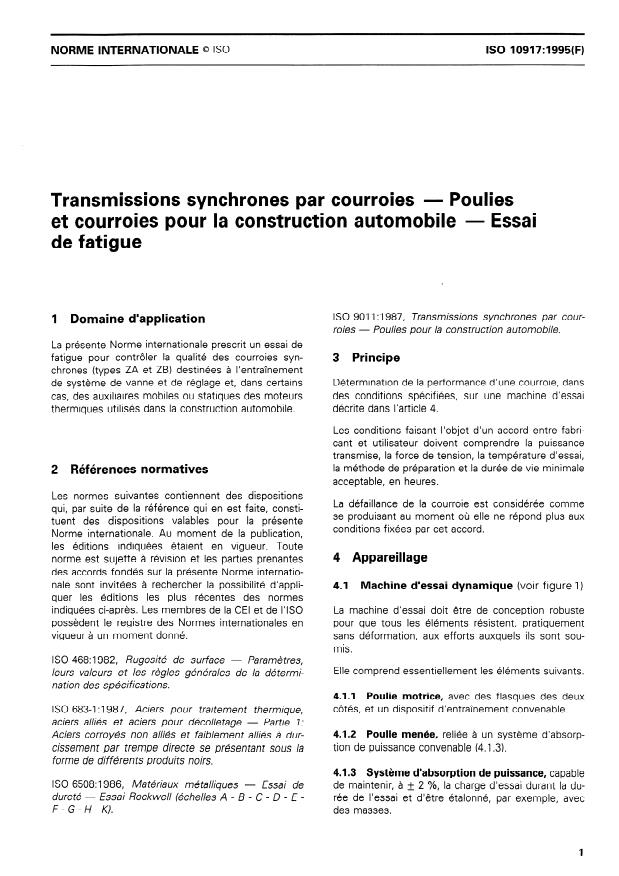 ISO 10917:1995 - Transmissions synchrones par courroies -- Poulies et courroies pour la construction automobile -- Essai de fatigue