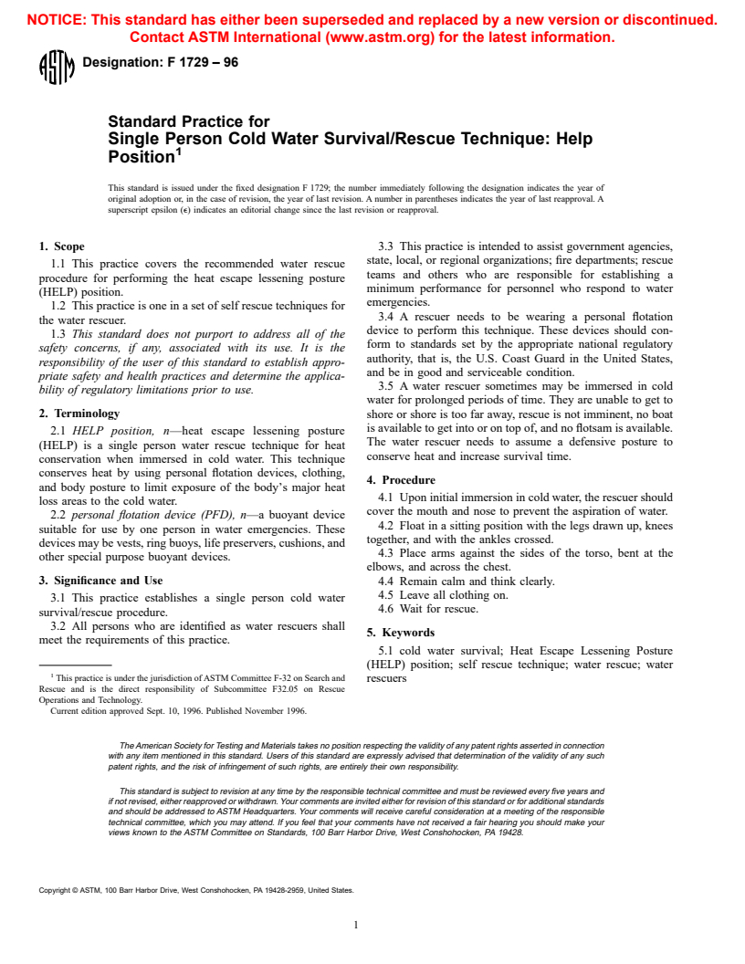 ASTM F1729-96 - Standard Practice for Single Person Cold Water Survival/Rescue Technique: HELP Position