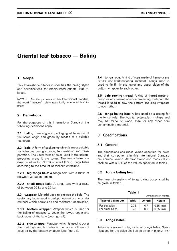 ISO 10919:1994 - Oriental leaf tobacco -- Baling