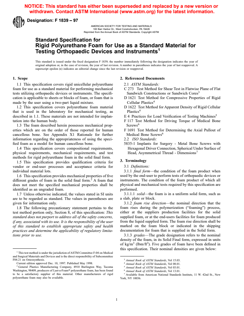 ASTM F1839-97 - Standard Specification for Rigid Polyurethane Foam for Use as a Standard Material for Testing Orthopaedic Devices and Instruments