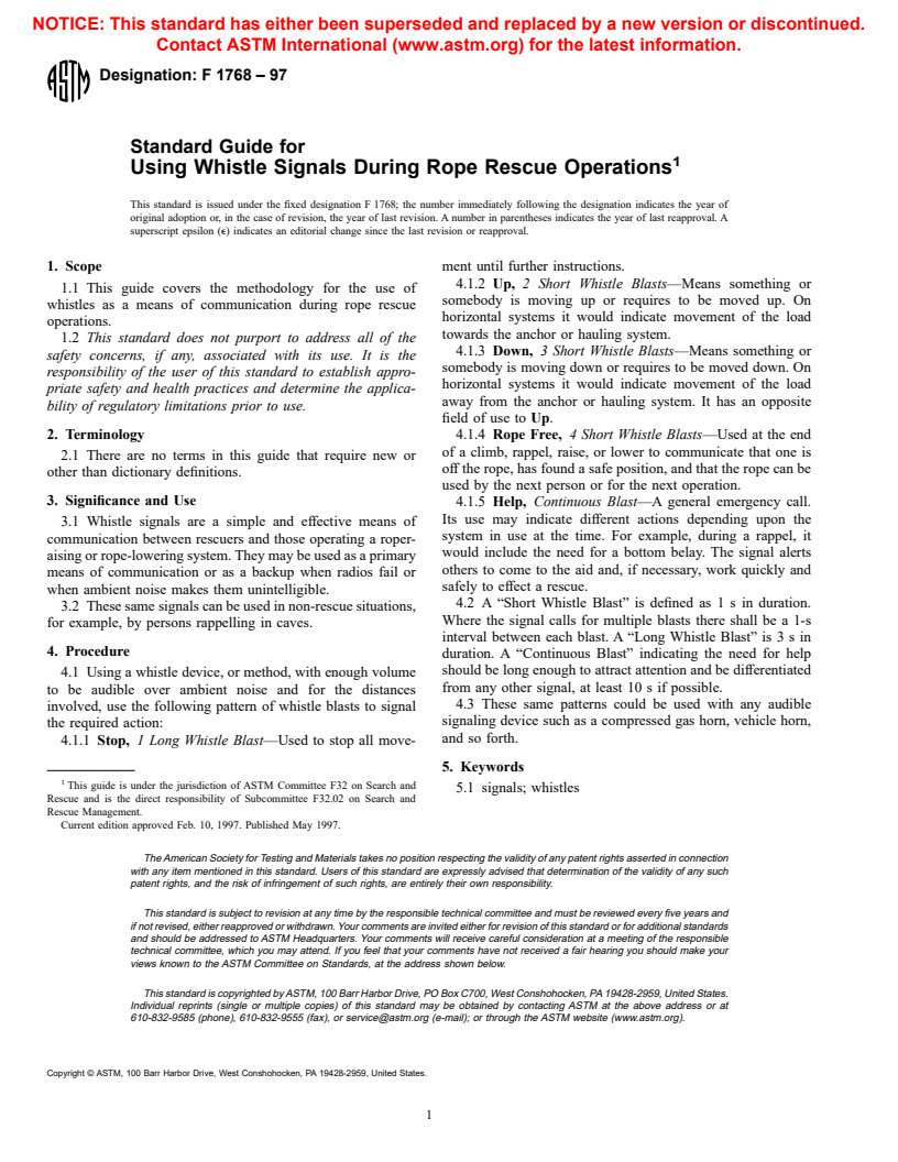 ASTM F1768-97 - Standard Guide for Using Whistle Signals During Rope Rescue Operations