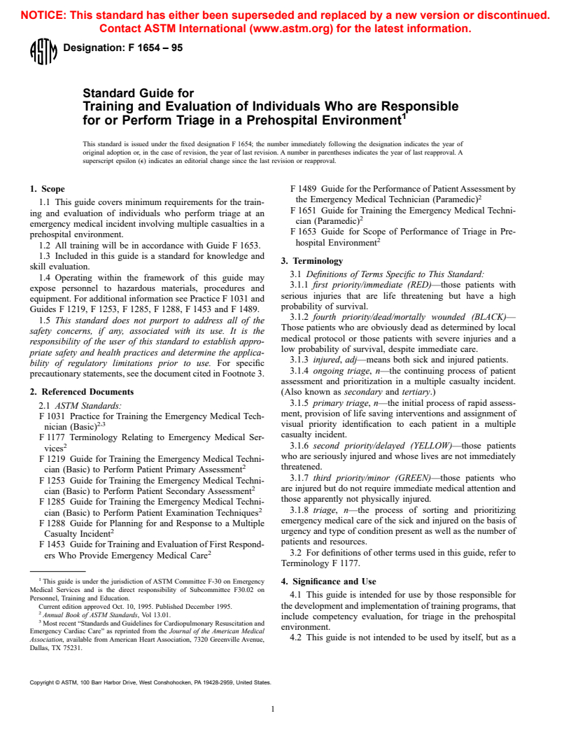 ASTM F1654-95 - Standard Guide for Training and Evaluation of Individuals Who are Responsible for or Perform Triage in Prehospital Environment