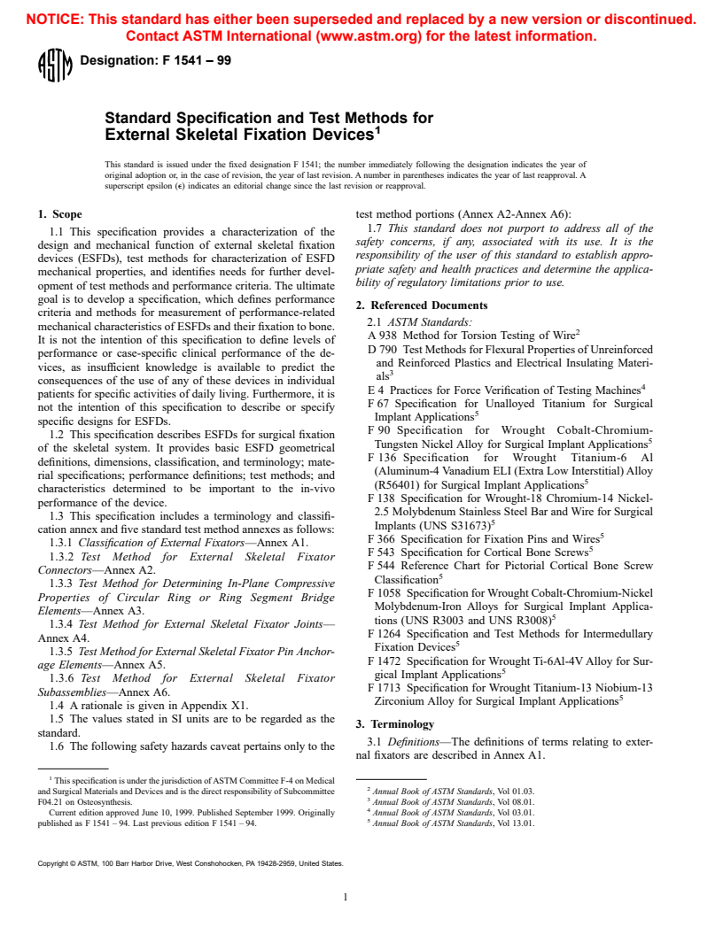 ASTM F1541-99 - Standard Specification and Test Methods for External Skeletal Fixation Devices