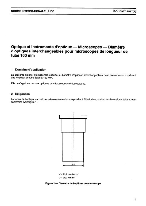 ISO 10937:1997 - Optique et instruments d'optique -- Microscopes -- Diametre d'optiques interchangeables pour microscopes de longueur de tube 160 mm