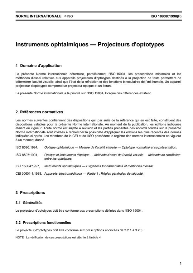 ISO 10938:1998 - Instruments ophtalmiques -- Projecteurs d'optotypes