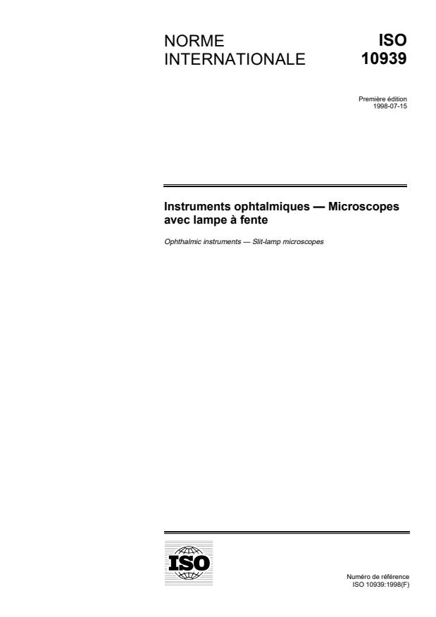 ISO 10939:1998 - Instruments ophtalmiques -- Microscopes avec lampe a fente