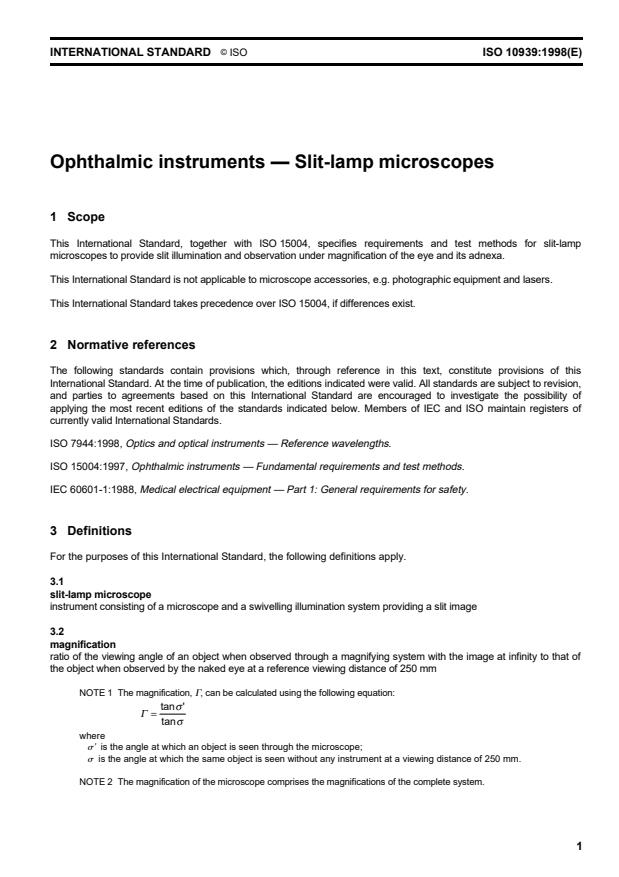 ISO 10939:1998 - Ophthalmic instruments -- Slit-lamp microscopes