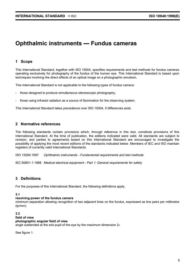 ISO 10940:1998 - Ophthalmic instruments -- Fundus cameras