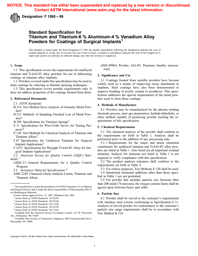 ASTM F1580-95 - Standard Specification for Titanium and Titanium-6 Aluminum-4 Vanadium Alloy Powders for Coatings of Surgical Implants
