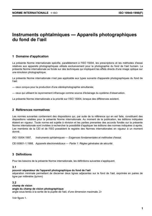 ISO 10940:1998 - Instruments ophtalmiques -- Appareils photographiques du fond de l'oeil