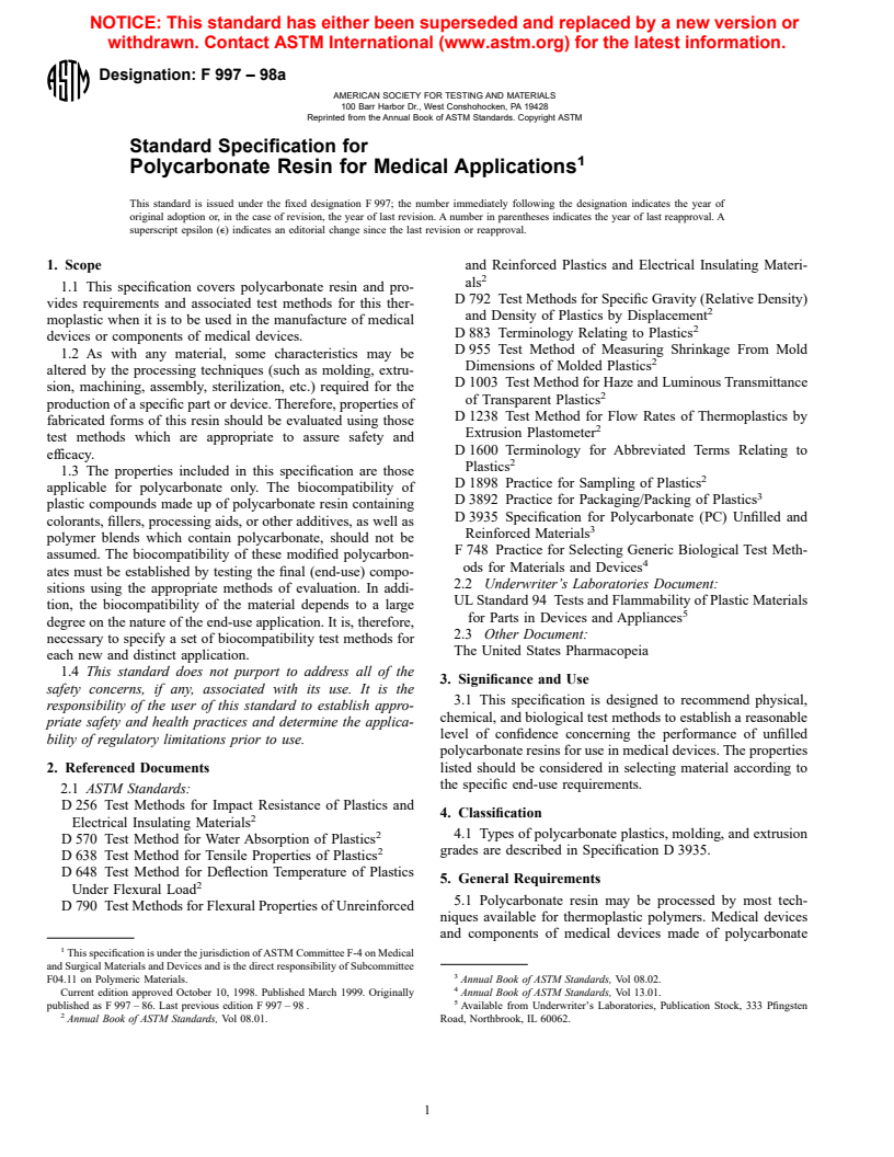 ASTM F997-98a - Standard Specification for Polycarbonate Resin for Medical Applications