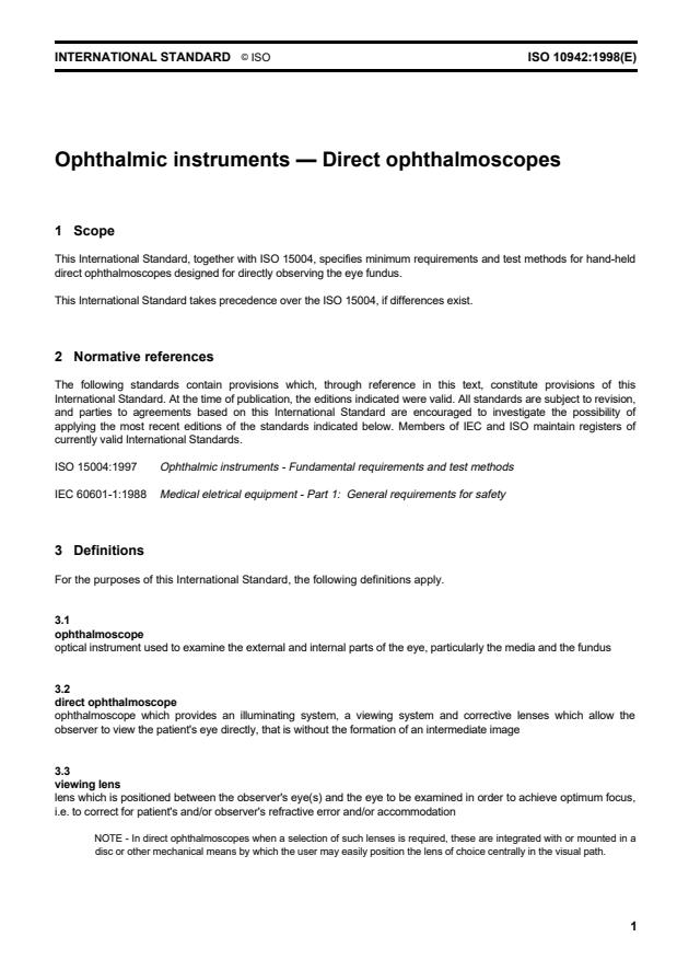 ISO 10942:1998 - Ophthalmic instruments -- Direct ophthalmoscopes