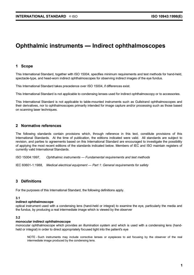 ISO 10943:1998 - Ophthalmic instruments -- Indirect ophthalmoscopes