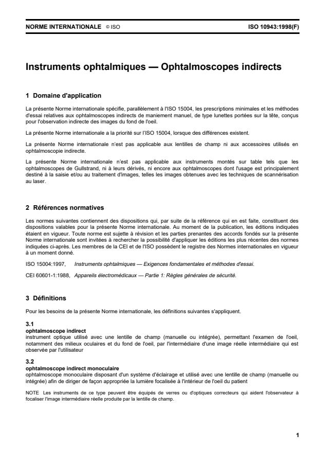 ISO 10943:1998 - Instruments ophtalmiques -- Ophtalmoscopes indirects