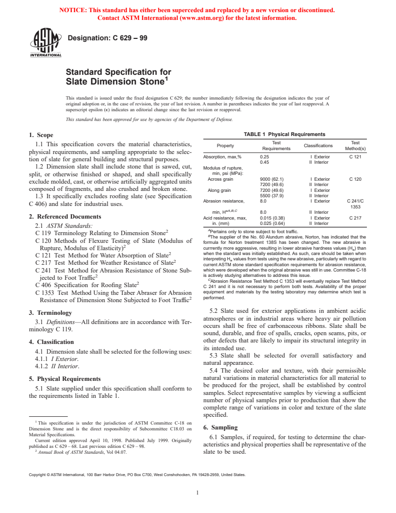 ASTM C629-99 - Standard Specification for Slate Dimension Stone