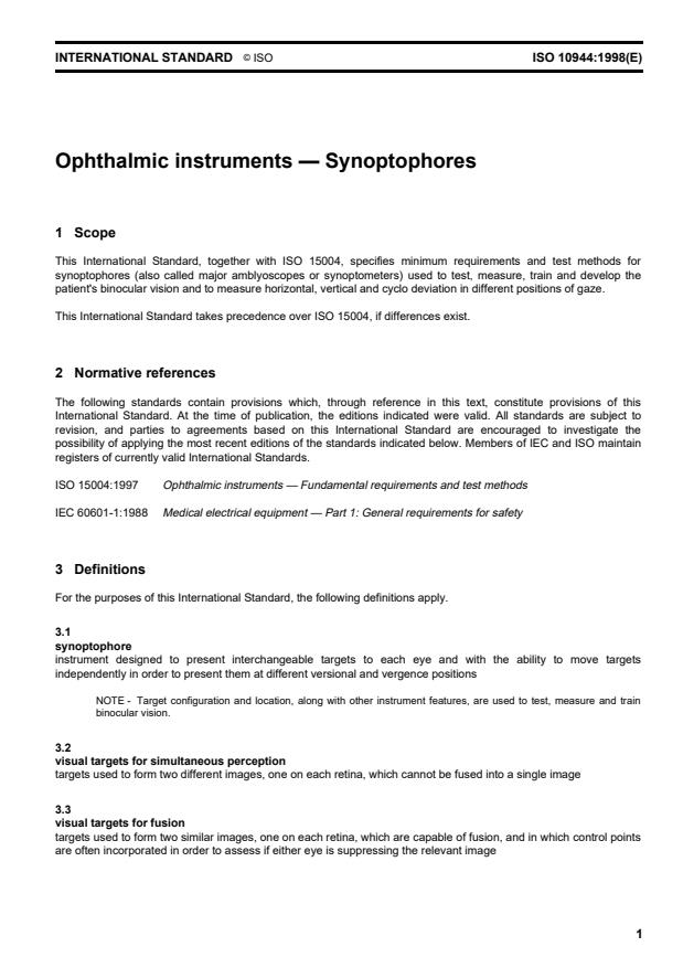 ISO 10944:1998 - Ophthalmic instruments -- Synoptophores