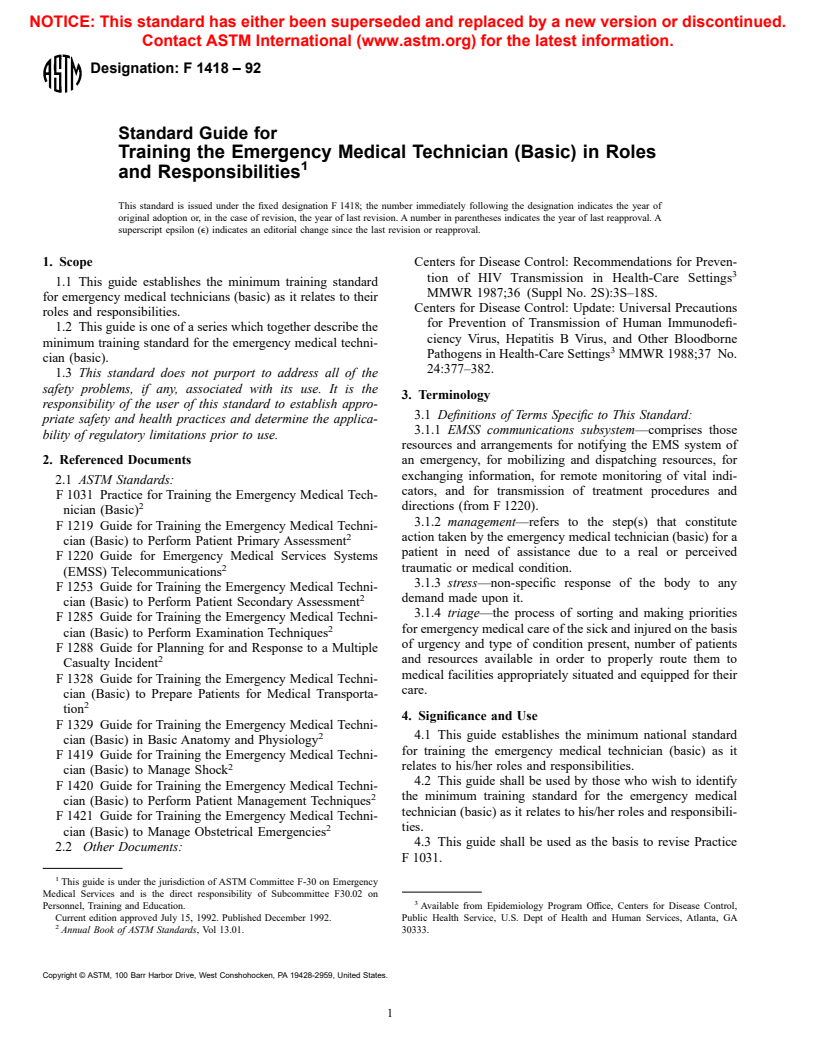 ASTM F1418-92 - Standard Guide for Training the Emergency Medical Technician (Basic) in Roles and Responsibilities