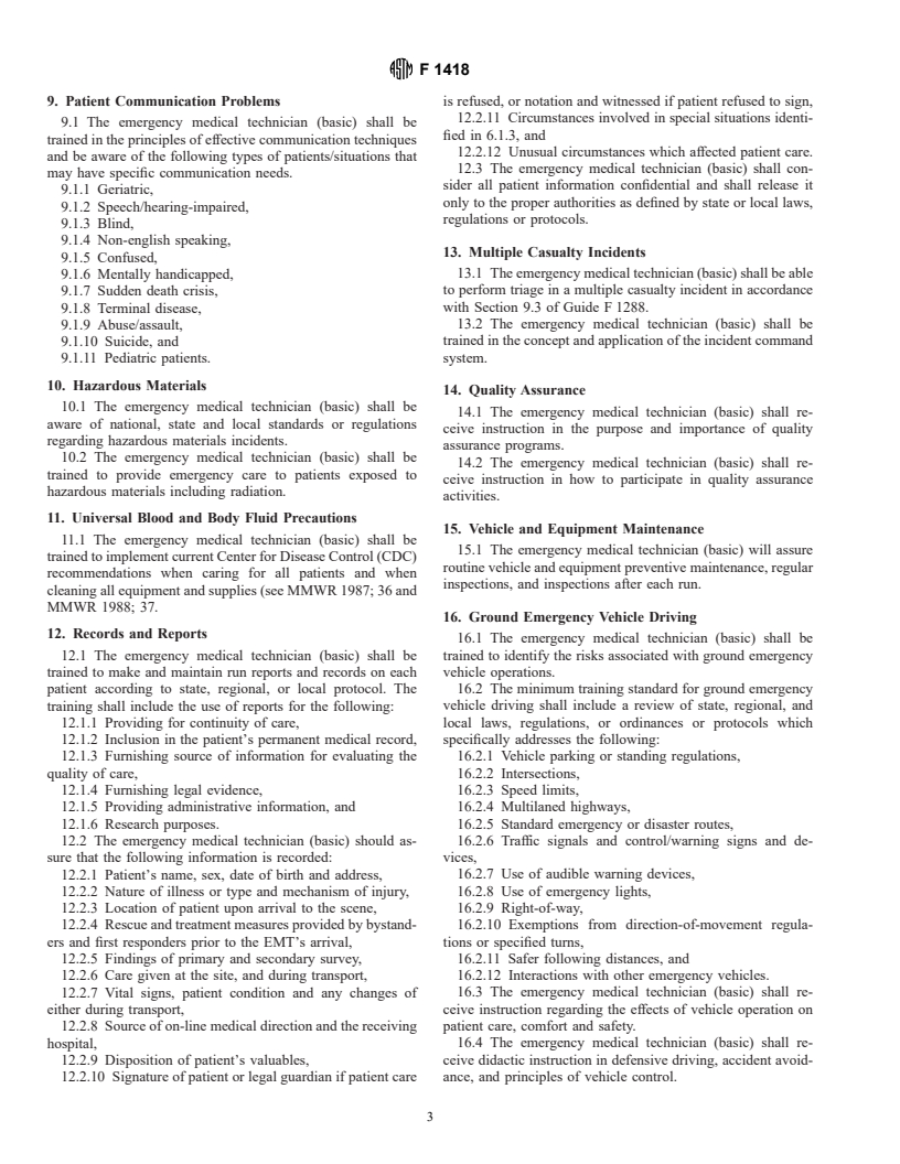 ASTM F1418-92 - Standard Guide for Training the Emergency Medical Technician (Basic) in Roles and Responsibilities